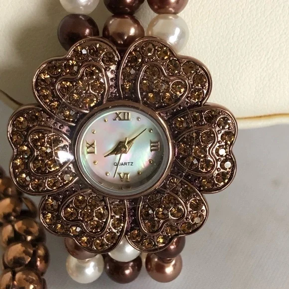 NOLAN Miller Jewelry Crystal Watch Chocolate Pearl Coco Persailles with Bracelet - Picture 6 of 8